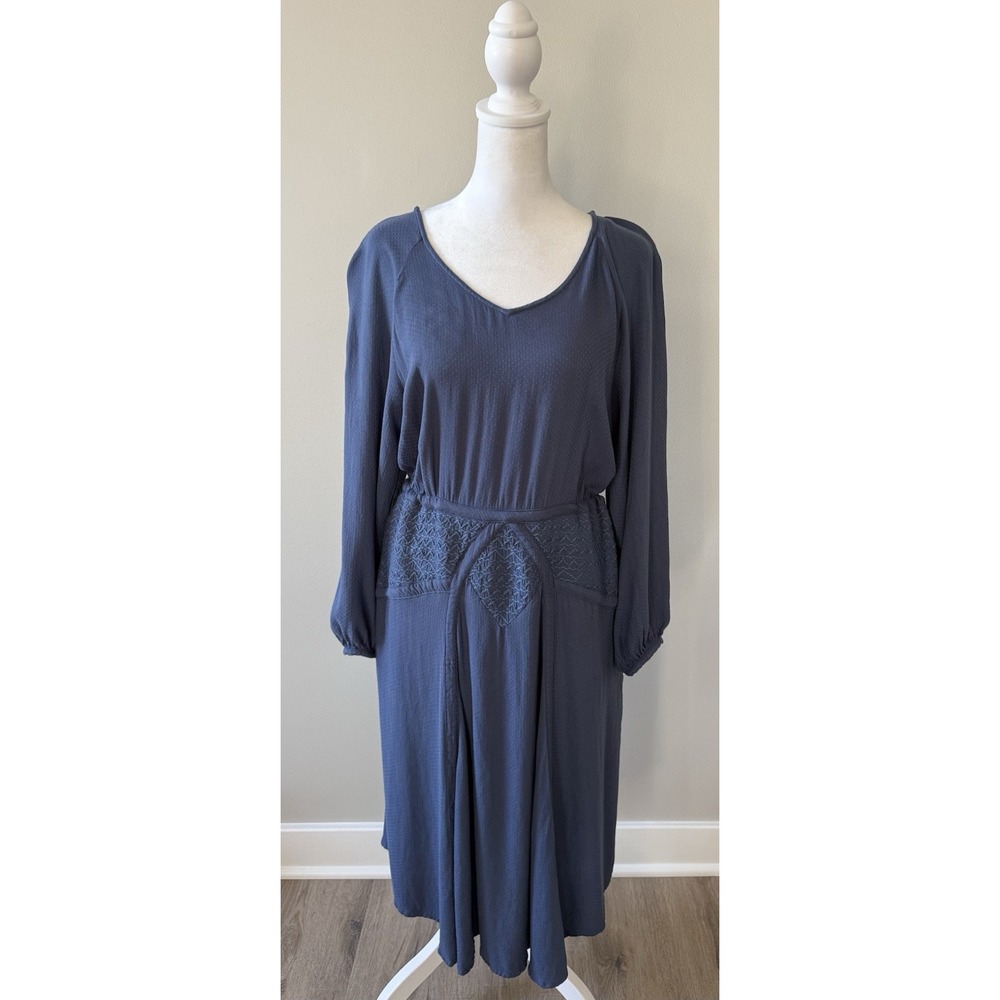 Women's Coldwater Creek Boho Rhapsody Embroidered Blue Long Sleeve Dress PM Flaw